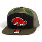 Arkansas Razorbacks Slobbering Hog 3D Snapback Seven-Panel Flat Bill Trucker Hat- Black/ Army Camo/ Loden