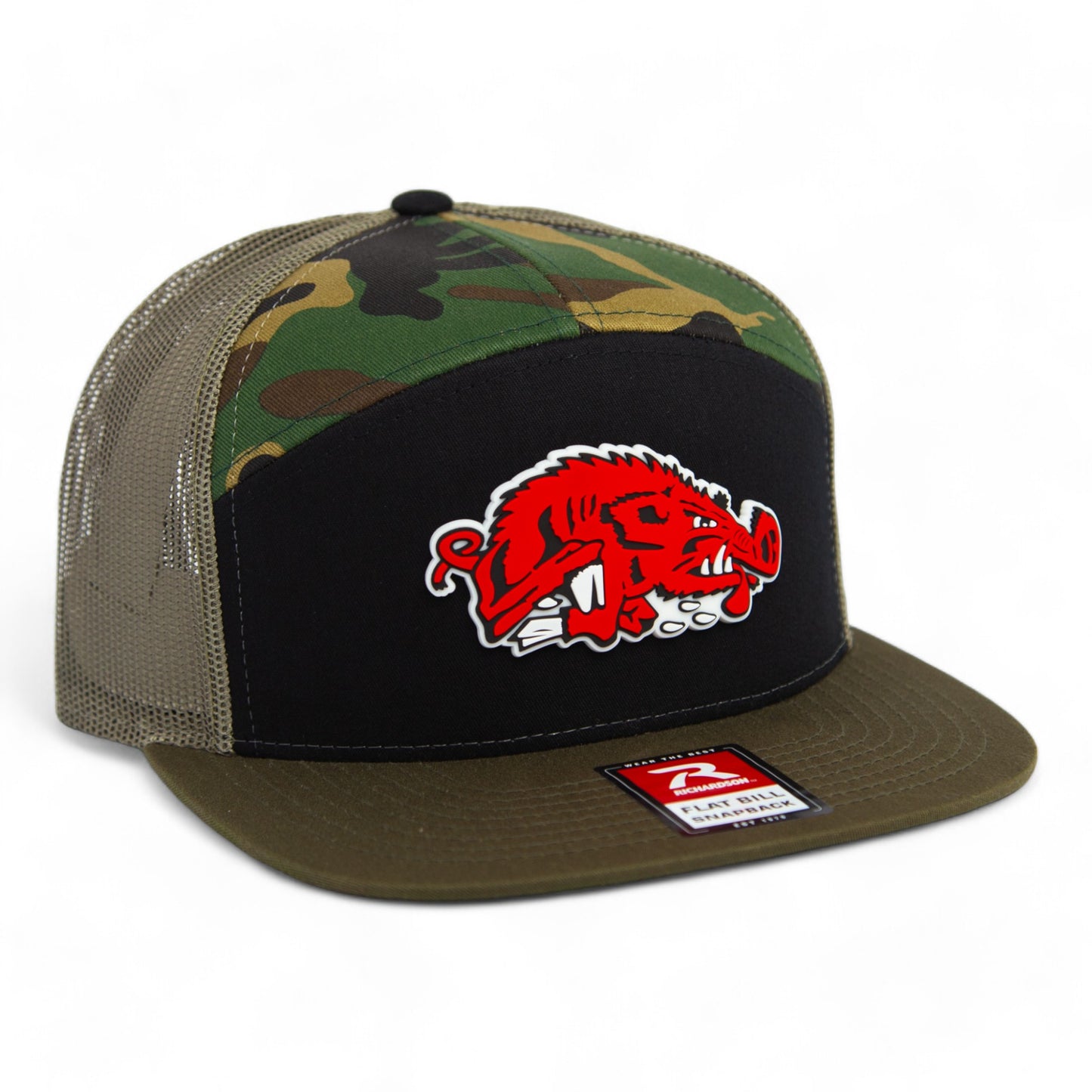 Arkansas Razorbacks Slobbering Hog 3D Snapback Seven-Panel Flat Bill Trucker Hat- Black/ Army Camo/ Loden