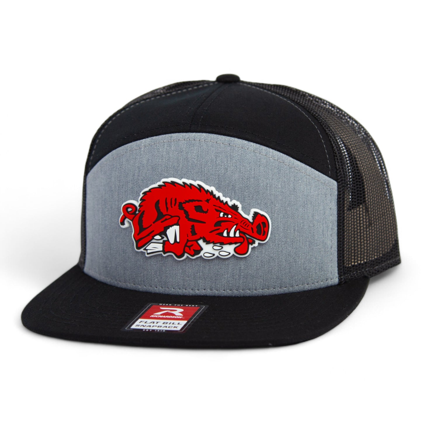 Arkansas Razorbacks Slobbering Hog 3D Snapback Seven-Panel Flat Bill Trucker Hat- Heather Grey/ Black