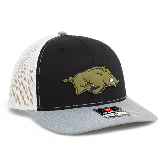 Arkansas Razorbacks Loden Edition 3D Snapback Trucker Hat- Black/ White/ Heather Grey