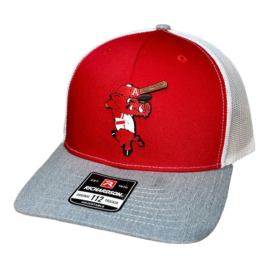 Arkansas Razorbacks Baseball Ribby at Bat 3D Snapback Trucker Hat- Red/ White/ Heather Grey