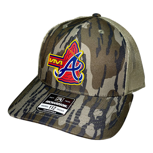 Atlanta Braves Tomahawk 3D Snapback Trucker Hat- Mossy Oak Bottomland/ Loden