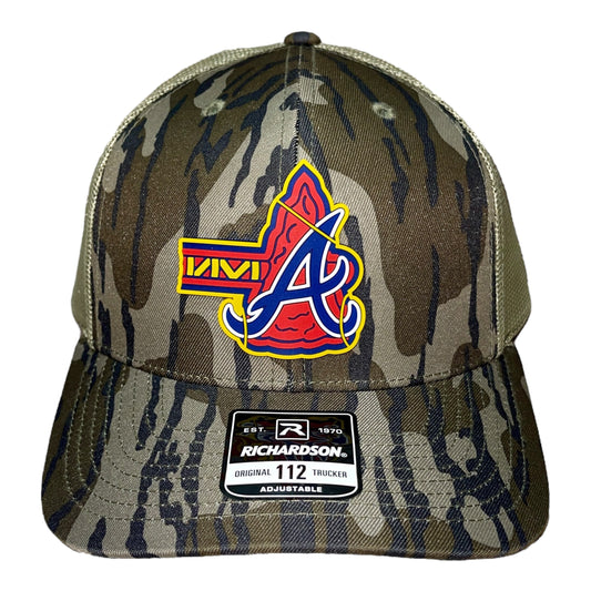 Atlanta Braves Tomahawk 3D Snapback Trucker Hat- Mossy Oak Bottomland/ Loden