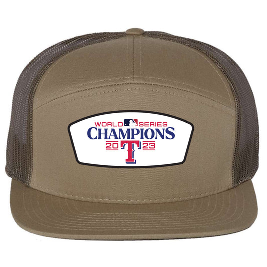 Texas Rangers 2023 World Series Champion 3D Seven-Panel Trucker Hat- Pale Khaki/ Loden Green - Ten Gallon Hat Co.