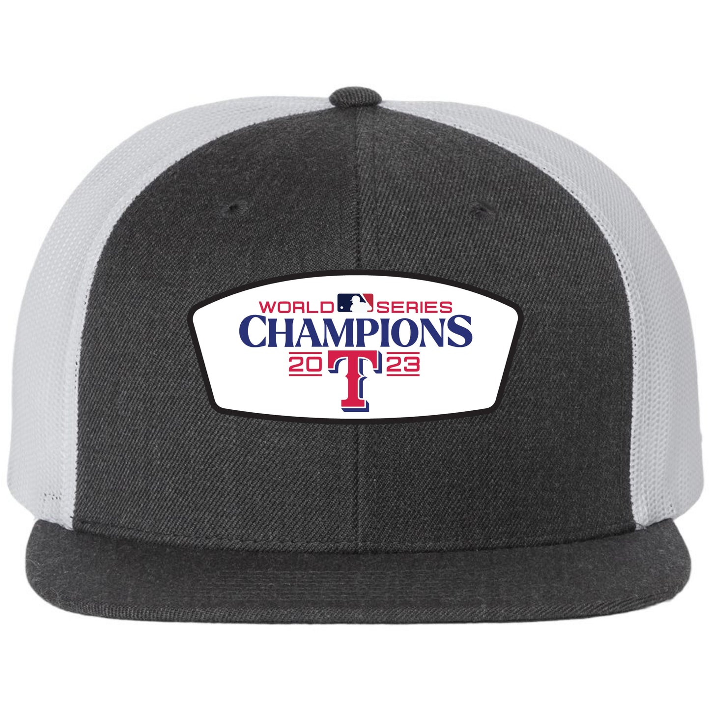 Texas Rangers 2023 World Series Champion 3D PVC Patch Wool Blend Flat Bill Hat- Heather Charcoal/ White - Ten Gallon Hat Co.