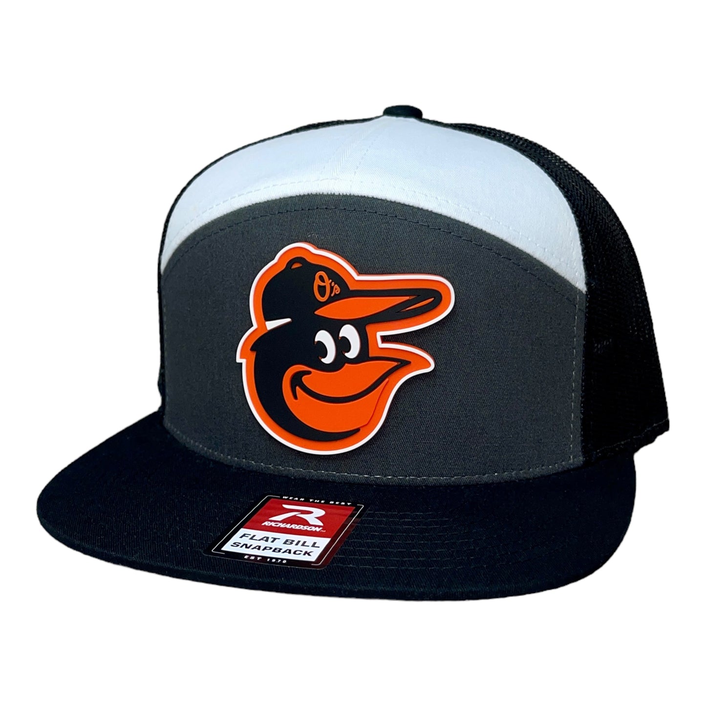 Baltimore Orioles 3D Snapback Seven-Panel Flat Bill Trucker Hat- Charcoal/ White/ Black