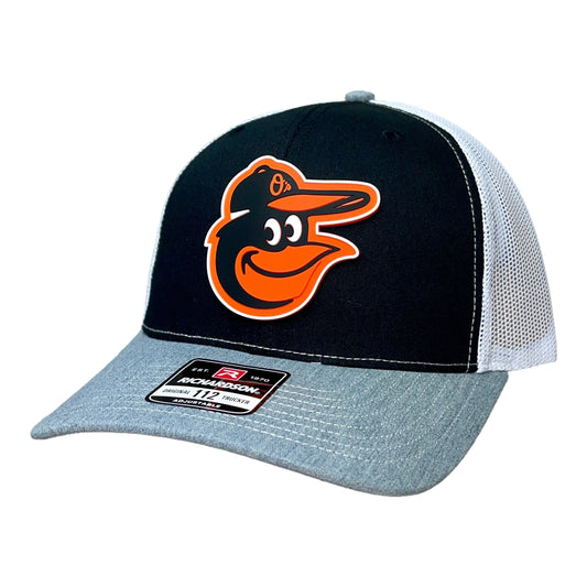 Baltimore Orioles 3D Snapback Trucker Hat- Black/ White/ Heather Grey