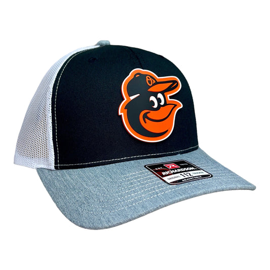 Baltimore Orioles 3D Snapback Trucker Hat- Black/ White/ Heather Grey