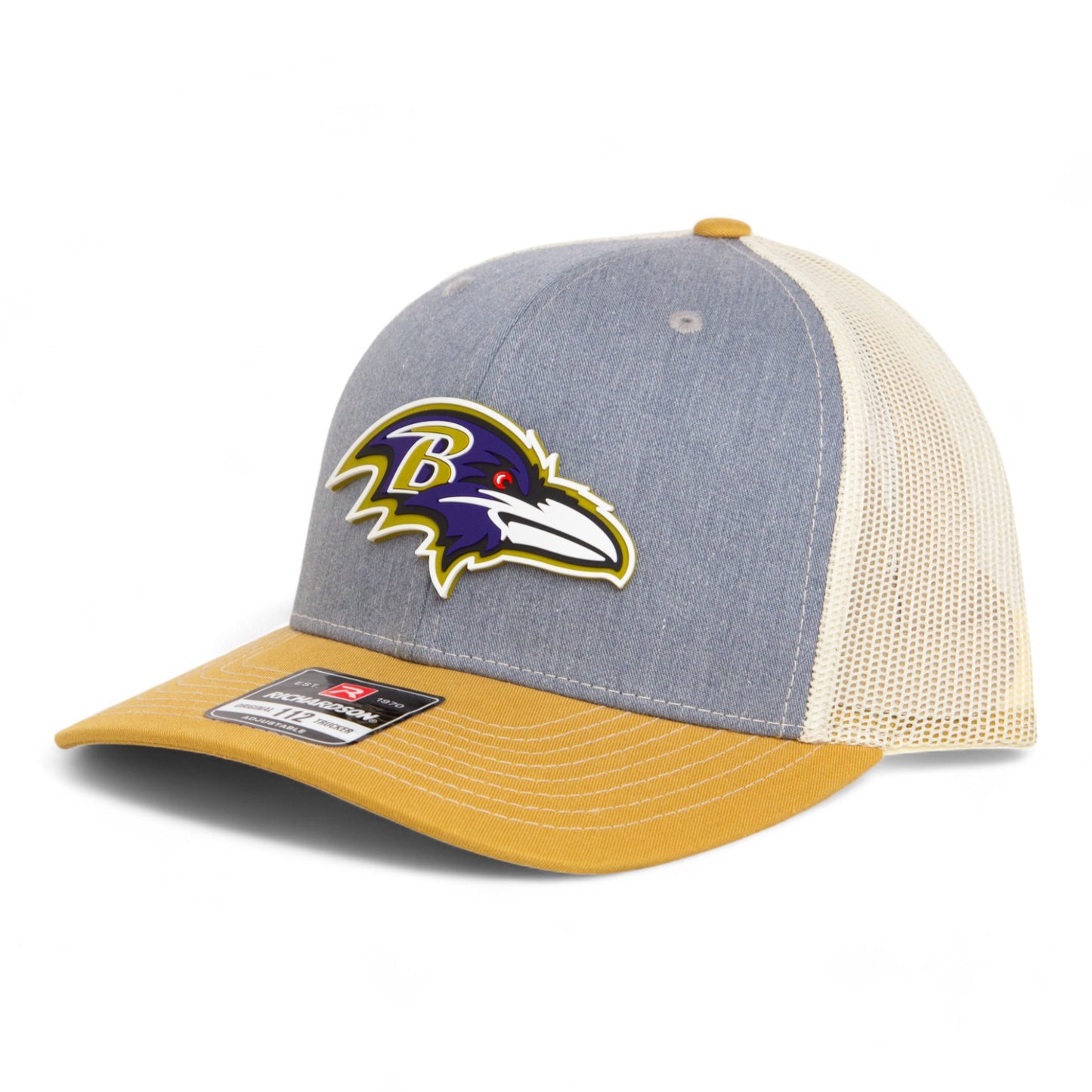 Baltimore Ravens 3D Snapback Trucker Hat- Heather Grey/ Birch/ Amber Gold