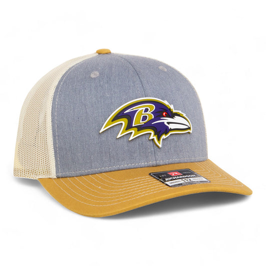 Baltimore Ravens 3D Snapback Trucker Hat- Heather Grey/ Birch/ Amber Gold