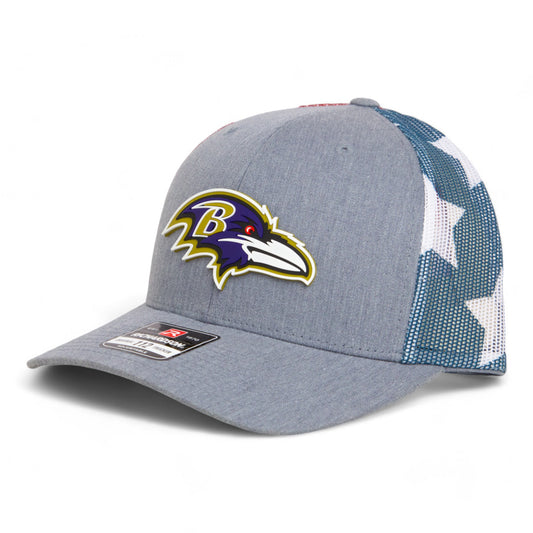 Baltimore Ravens 3D Snapback Trucker Hat- Heather Grey/ Stars & Stripes