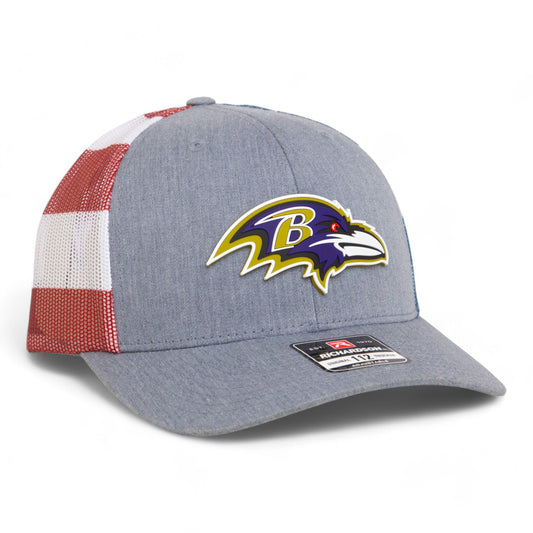 Baltimore Ravens 3D Snapback Trucker Hat- Heather Grey/ Stars & Stripes