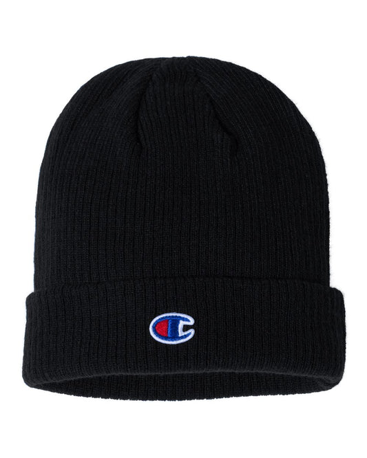 Champion Ribbed Cuffed Beanie- Black - Ten Gallon Hat Co.