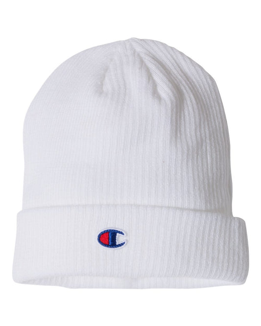 Champion Ribbed Cuffed Beanie- White - Ten Gallon Hat Co.