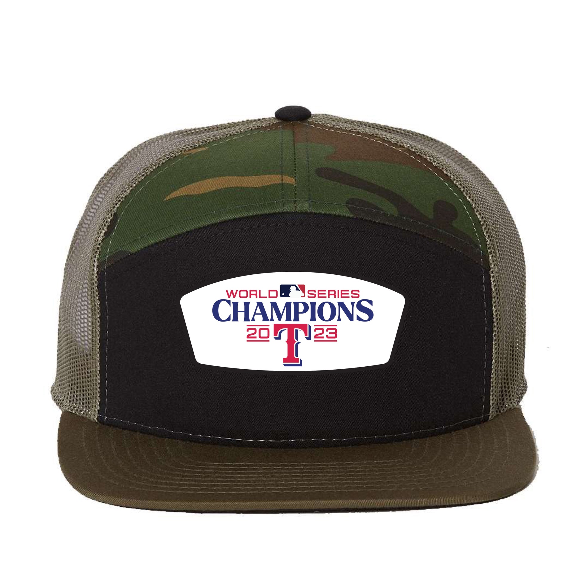 Texas Rangers 2023 World Series Champion 3D Snapback Seven-Panel Trucker Hat- Black/ Camo/ Loden - Ten Gallon Hat Co.