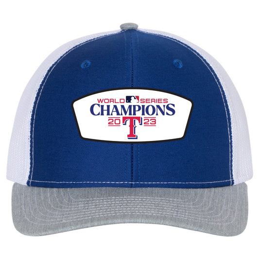 Texas Rangers 2023 World Series Champion 3D Snapback Trucker Hat- Royal/ White/ Heather Grey - Ten Gallon Hat Co.