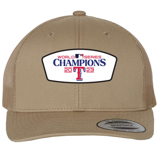 Texas Rangers 2023 World Series Champion 3D YP Snapback Trucker Hat- Khaki - Ten Gallon Hat Co.