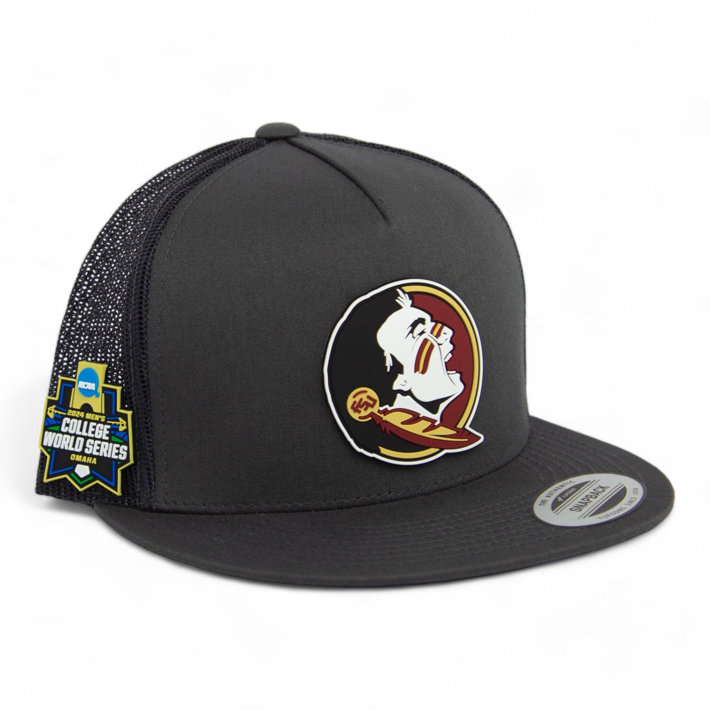 FSU Seminoles 2024 Men's College World Series 3D YP Snapback Flat Bill Trucker Hat- Charcoal/ Black