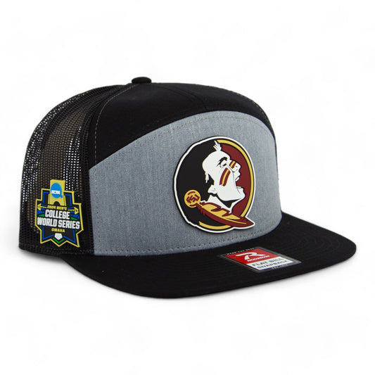 FSU Seminoles 2024 Men's College World Series 3D Snapback Seven-Panel Trucker Hat- Heather Grey/ Black