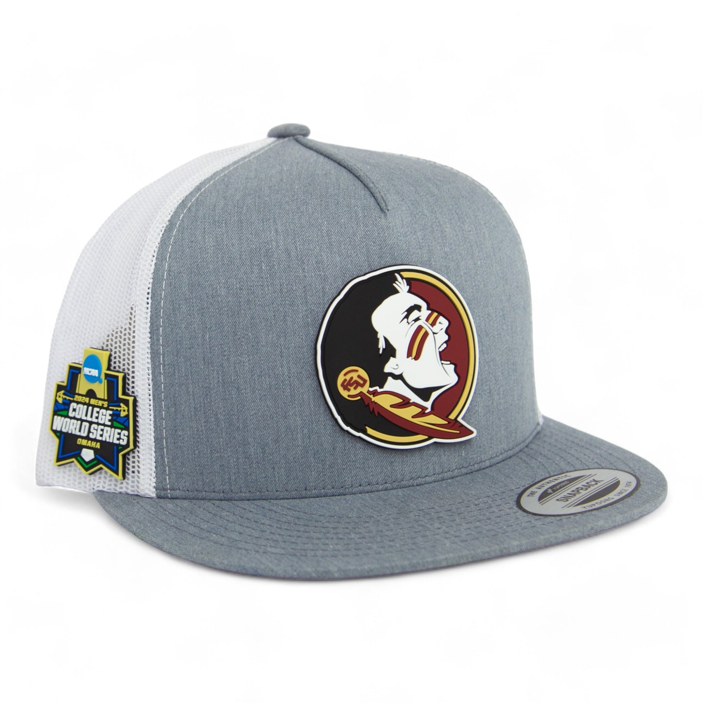 FSU Seminoles 2024 Men's College World Series 3D YP Snapback Flat Bill Trucker Hat- Heather Grey/ White