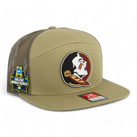 FSU Seminoles 2024 Men's College World Series 3D Snapback Seven-Panel Trucker Hat- Pale Khaki/ Loden Green