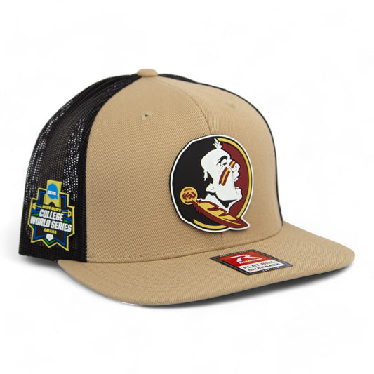 FSU Seminoles 2024 Men's College World Series 3D PVC Patch Wool Blend Flat Bill Hat- Khaki/ Black