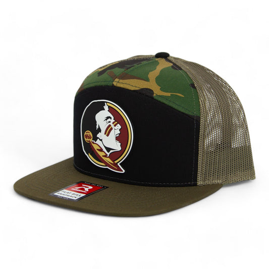FSU Seminoles 2024 Men's College World Series 3D Snapback Seven-Panel Trucker Hat- Black/ Camo/ Loden