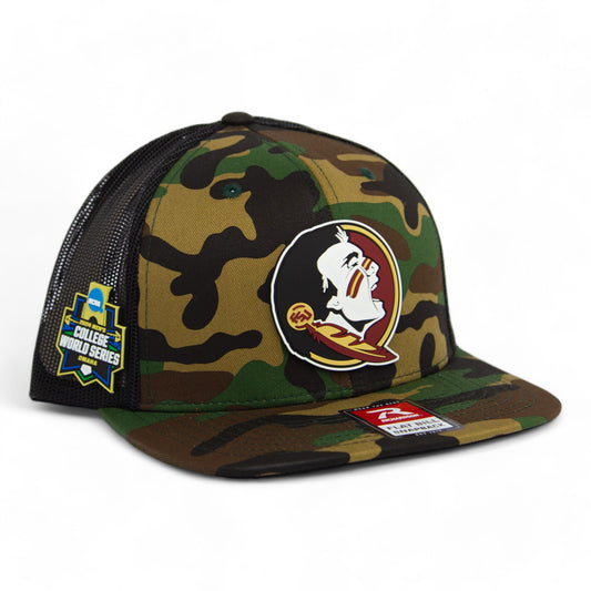 FSU Seminoles 2024 Men's College World Series 3D PVC Patch Wool Blend Flat Bill Hat- Army Camo/ Black