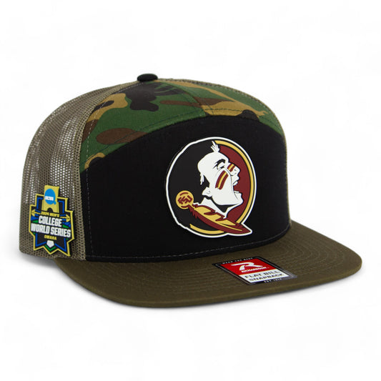 FSU Seminoles 2024 Men's College World Series 3D Snapback Seven-Panel Trucker Hat- Black/ Camo/ Loden