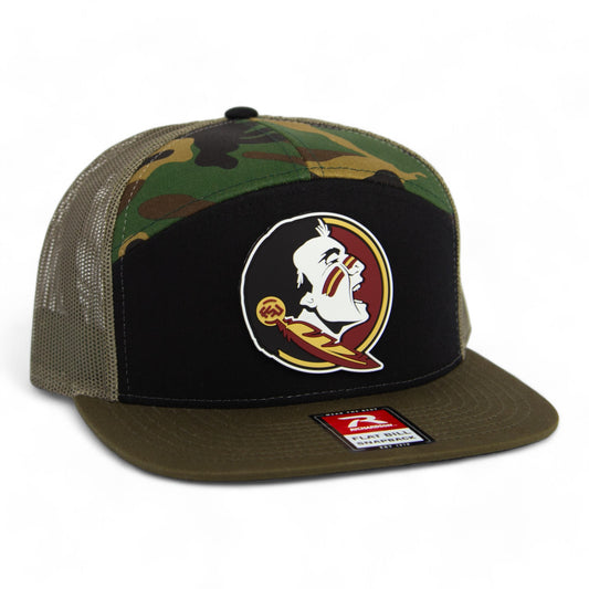 Florida State Seminoles 3D Snapback Seven-Panel Trucker Hat- Black/ Camo/ Loden