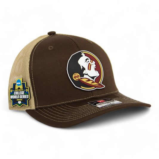 FSU Seminoles 2024 Men's College World Series 3D Patch Snapback Trucker Hat- Brown/ Khaki