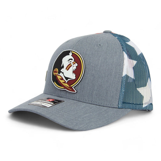 FSU Seminoles 2024 Men's College World Series 3D Patterned Snapback Trucker Hat- Heather Grey/ Stars & Stripes