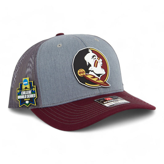 FSU Seminoles 2024 Men's College World Series 3D Patch Snapback Trucker Hat- Heather Grey/ Charcoal/ Maroon