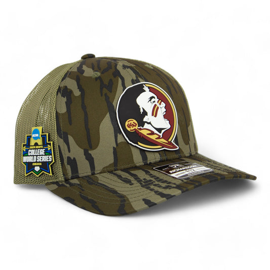 FSU Seminoles 2024 Men's College World Series 3D Patterned Snapback Trucker Hat- Mossy Oak Bottomland/ Loden