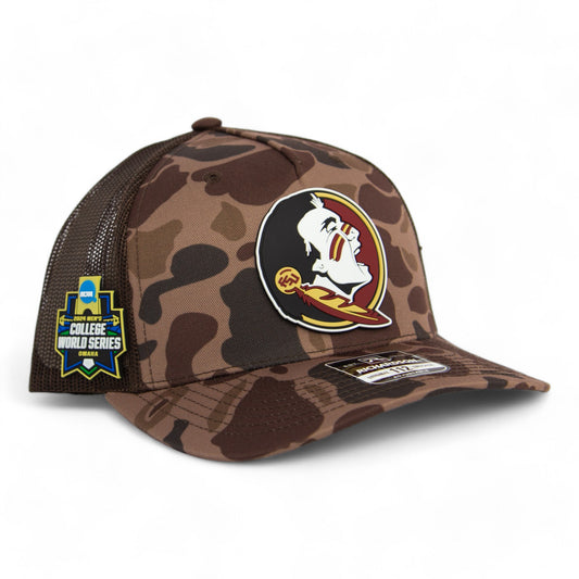 FSU Seminoles 2024 Men's College World Series 3D Snapback Trucker Hat- Bark Duck Camo/ Brown