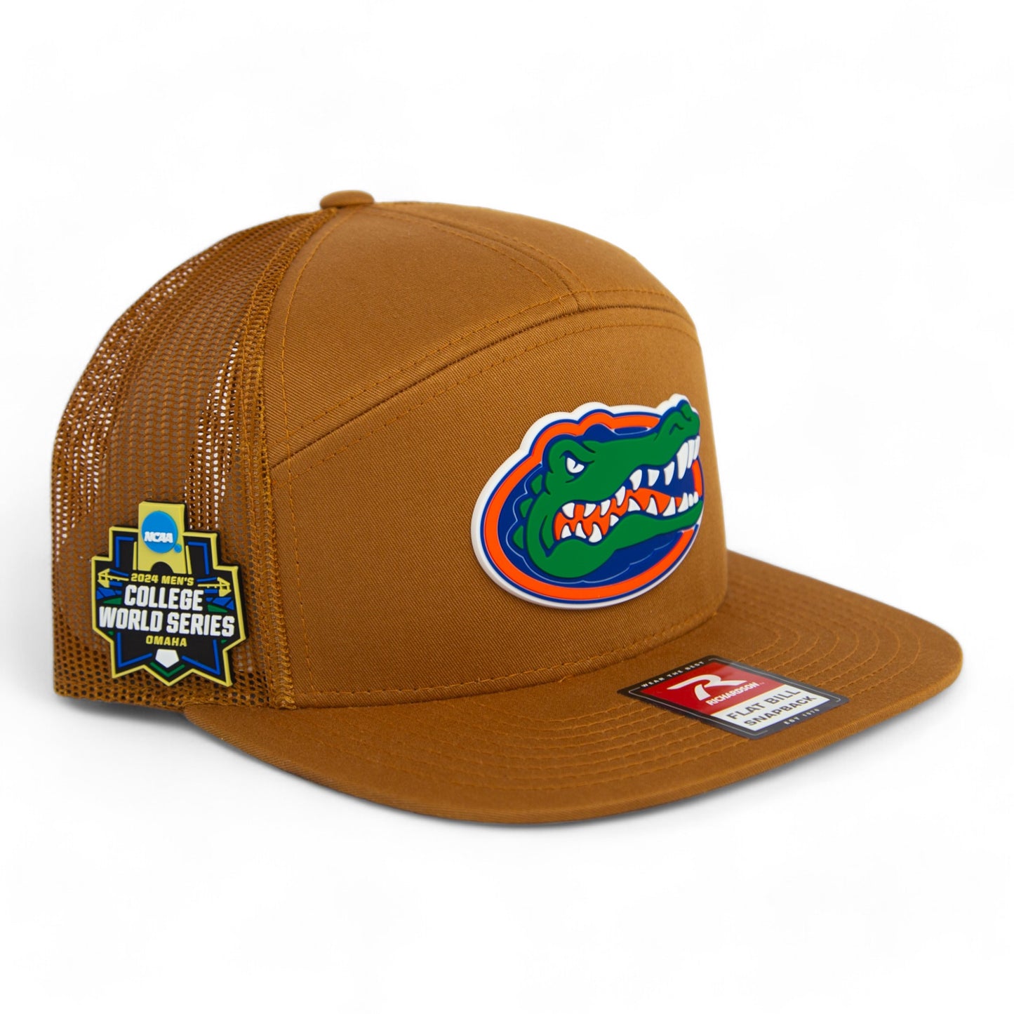 Florida Gators 2024 Men's College World Series 3D Snapback Seven-Panel Flat Bill Trucker Hat- Caramel