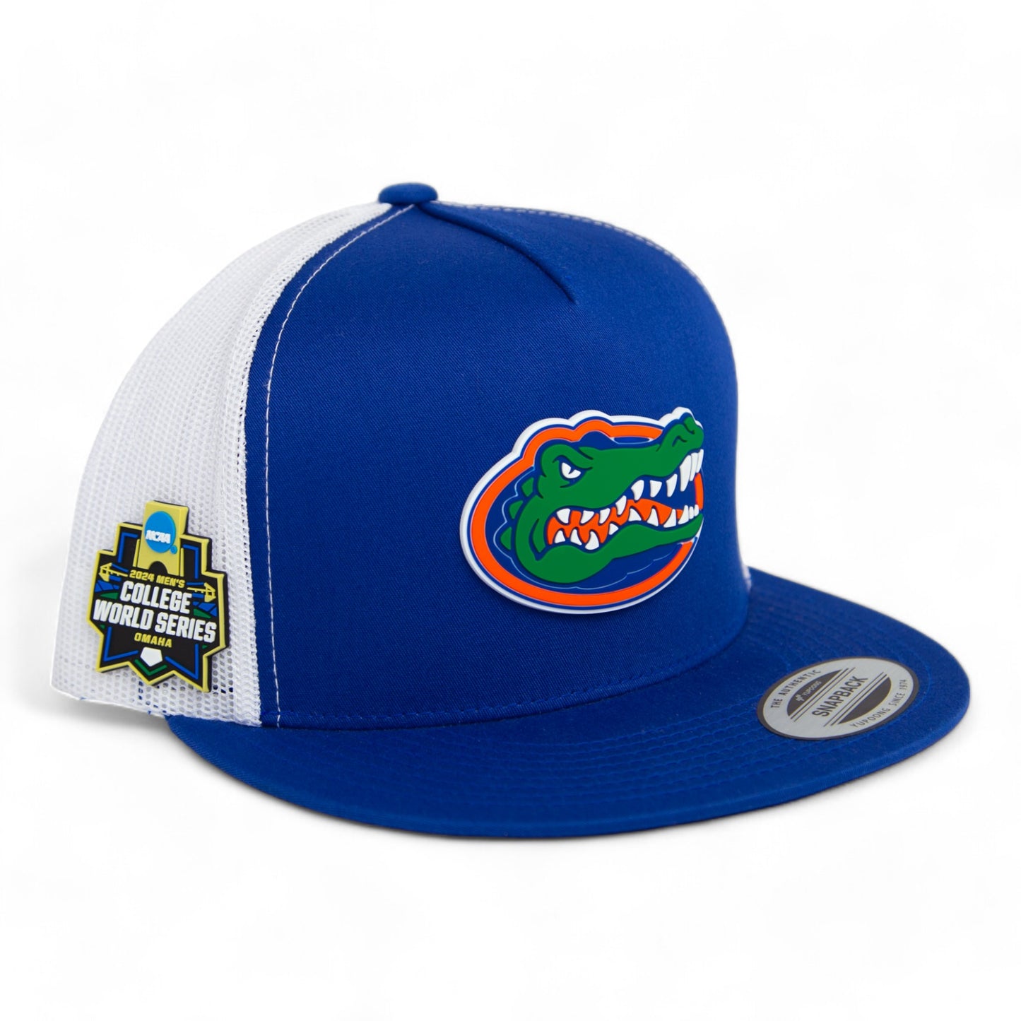 Florida Gators 2024 Men's College World Series 3D YP Snapback Flat Bill Trucker Hat- Royal/ White