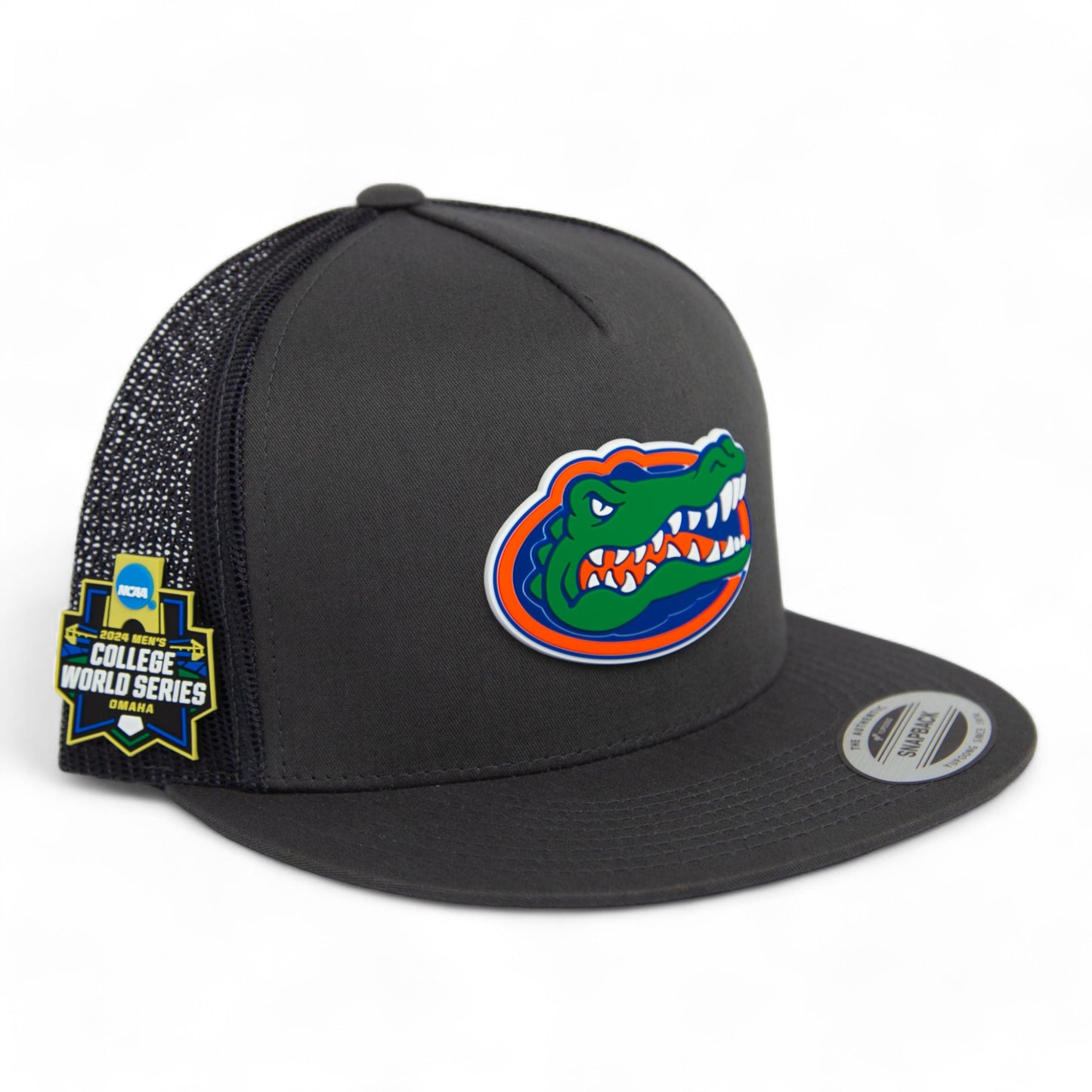 Florida Gators 2024 Men's College World Series 3D YP Snapback Flat Bill Trucker Hat- Charcoal/ Black