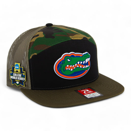 Florida Gators 2024 Men's College World Series 3D Snapback Seven-Panel Flat Bill Trucker Hat- Black/ Camo/ Loden