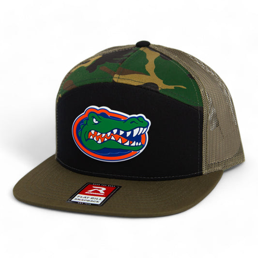 Florida Gators 2024 Men's College World Series 3D Snapback Seven-Panel Flat Bill Trucker Hat- Black/ Camo/ Loden