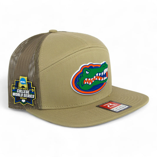 Florida Gators 2024 Men's College World Series 3D Snapback Seven-Panel Flat Bill Trucker Hat- Pale Khaki/ Loden Green