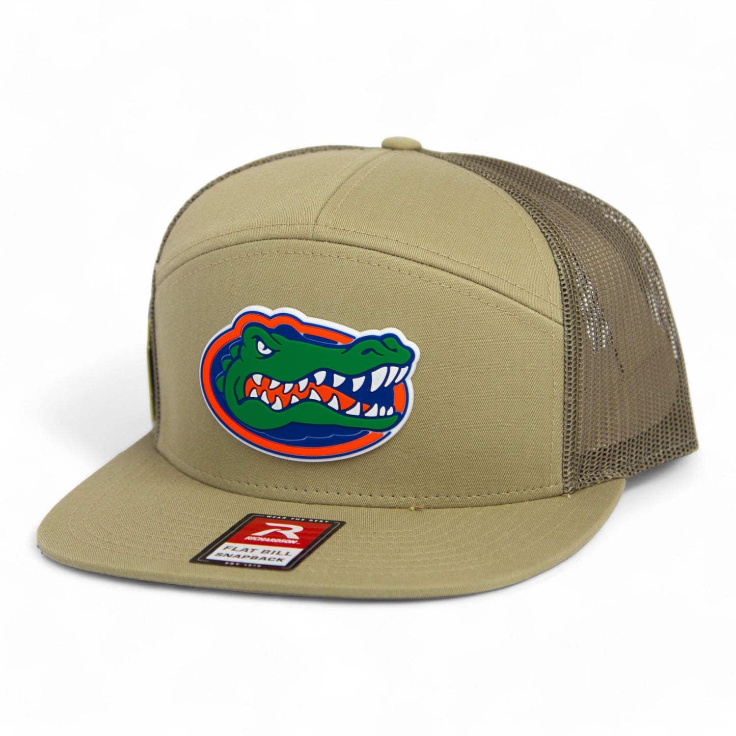 Florida Gators 2024 Men's College World Series 3D Snapback Seven-Panel Flat Bill Trucker Hat- Pale Khaki/ Loden Green