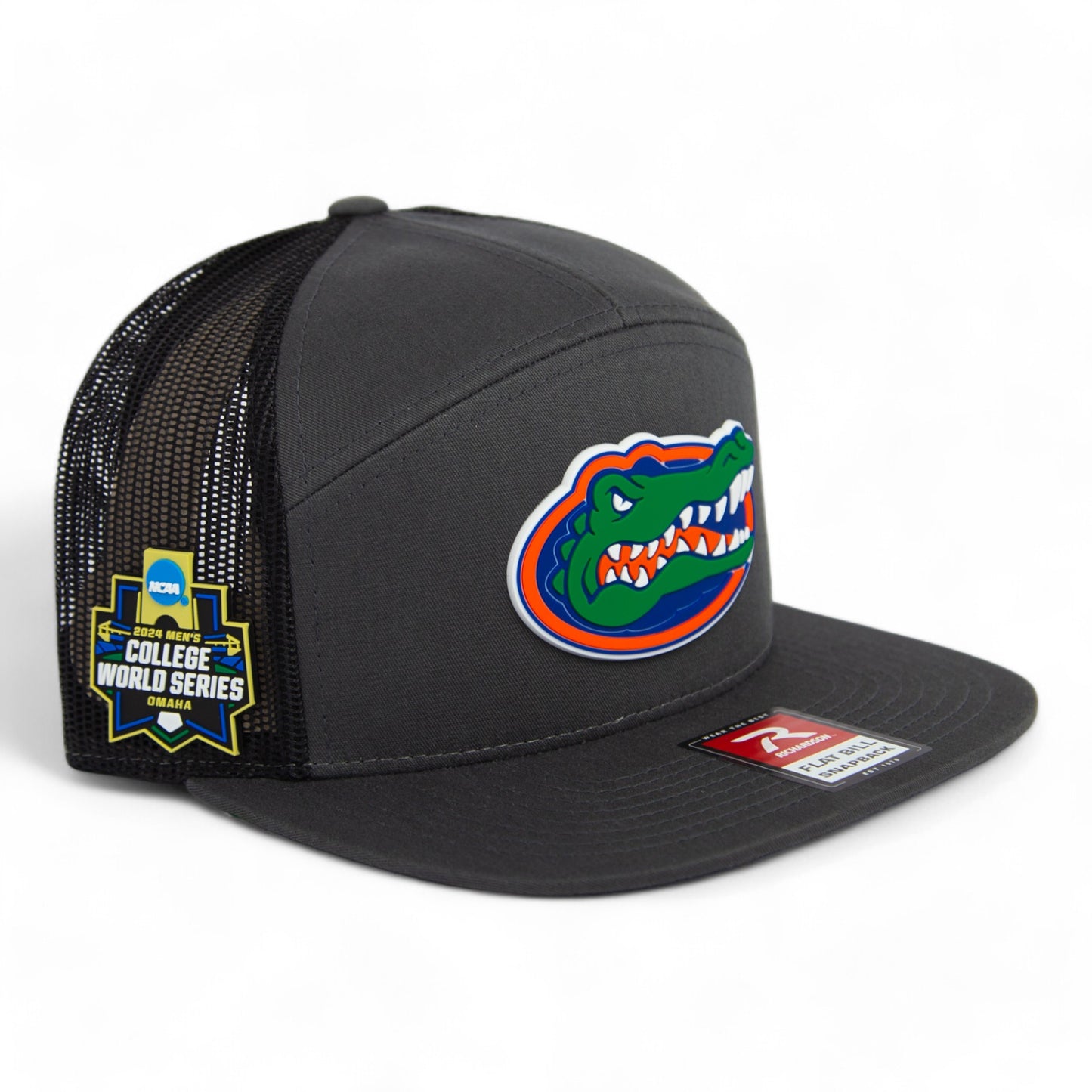 Florida Gators 2024 Men's College World Series 3D Snapback Seven-Panel Flat Bill Trucker Hat- Charcoal/ Black