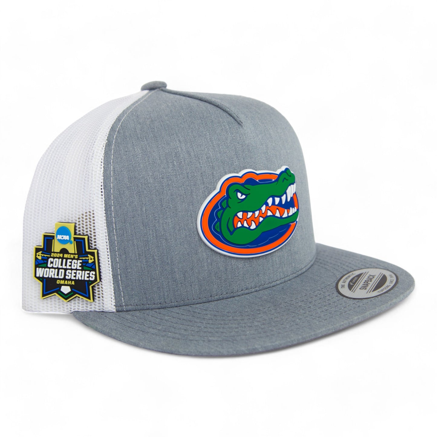 Florida Gators 2024 Men's College World Series 3D YP Snapback Flat Bill Trucker Hat- Heather Grey/ White