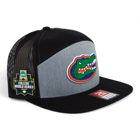 Florida Gators 2024 Men's College World Series 3D Snapback Seven-Panel Flat Bill Trucker Hat- Heather Grey/ Black