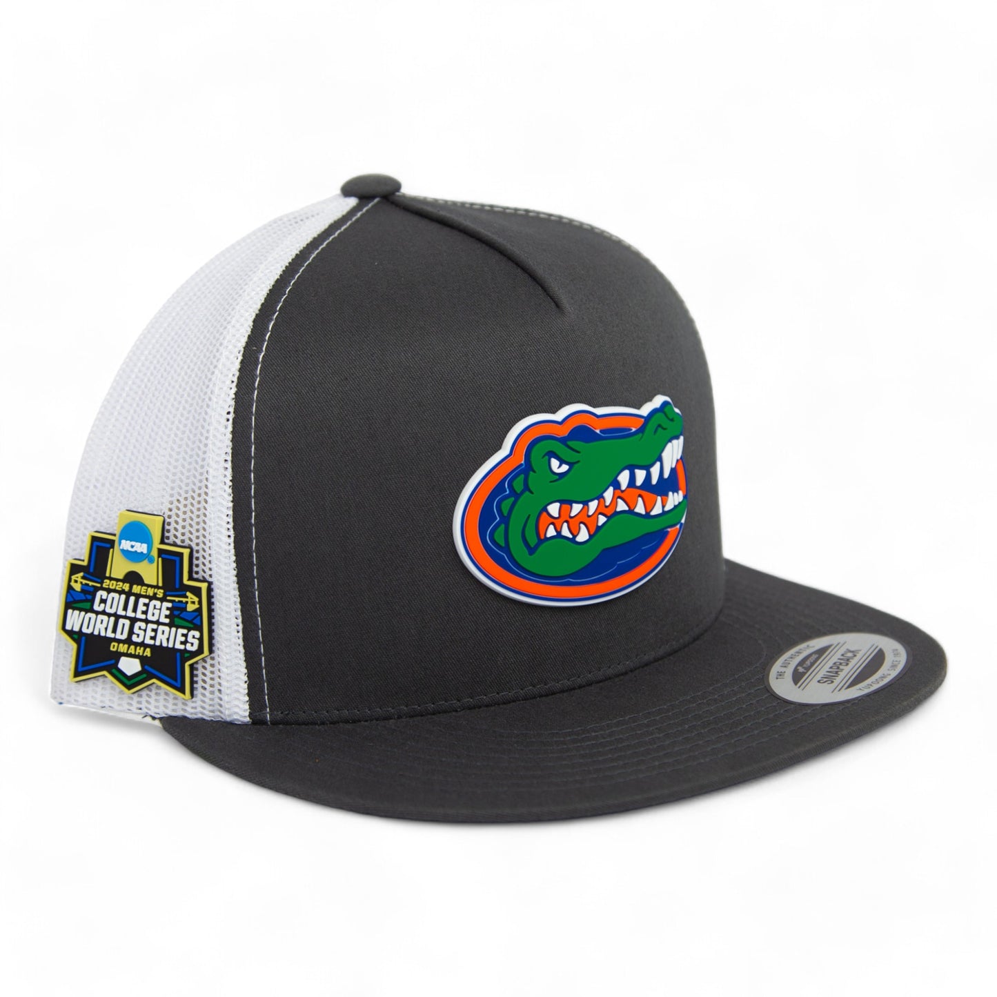 Florida Gators 2024 Men's College World Series 3D YP Snapback Flat Bill Trucker Hat- Charcoal/ White