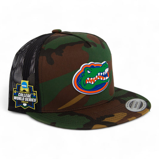 Florida Gators 2024 Men's College World Series 3D YP Snapback Flat Bill Trucker Hat- Army Camo/ Black