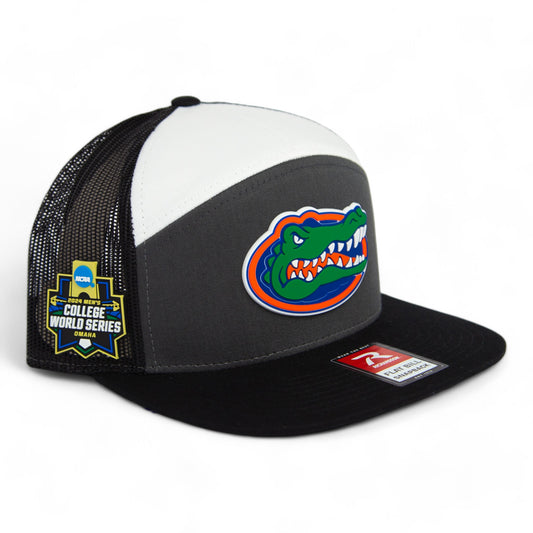 Florida Gators 2024 Men's College World Series 3D Snapback Seven-Panel Flat Bill Trucker Hat- Charcoal/ White/ Black