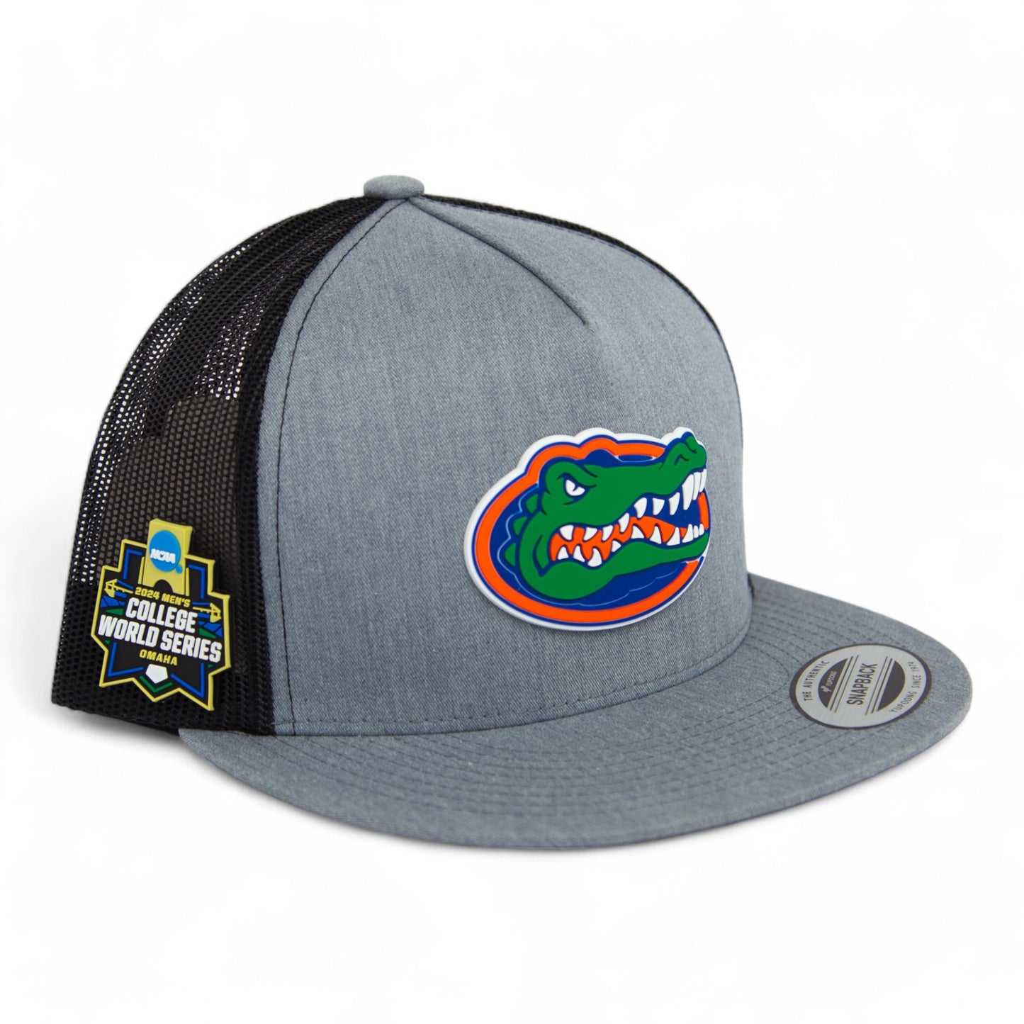 Florida Gators 2024 Men's College World Series 3D YP Snapback Flat Bill Trucker Hat- Heather Grey/ Black