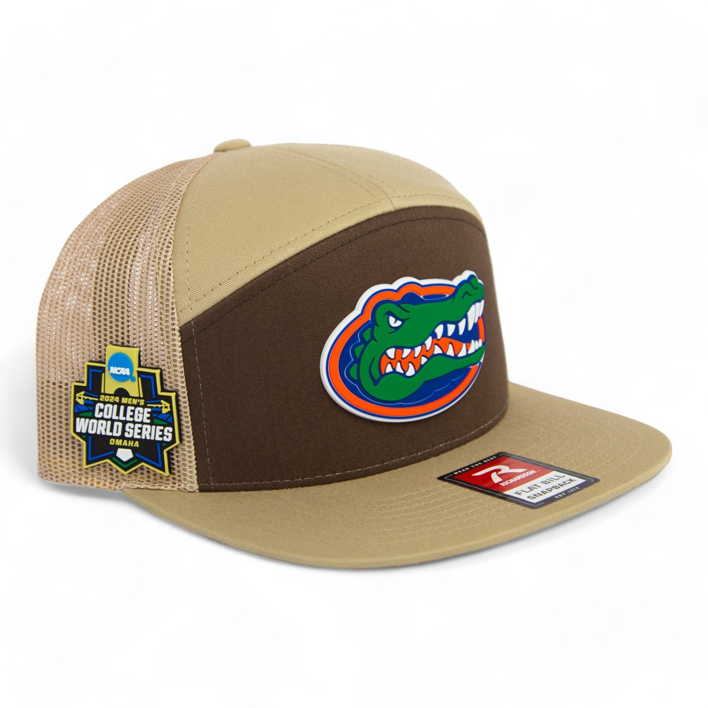 Florida Gators 2024 Men's College World Series 3D Snapback Seven-Panel Flat Bill Trucker Hat- Brown/ Tan